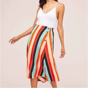 ASTR Monica Striped Midi Skirt Buttons Aqua Orange XS Extra Small